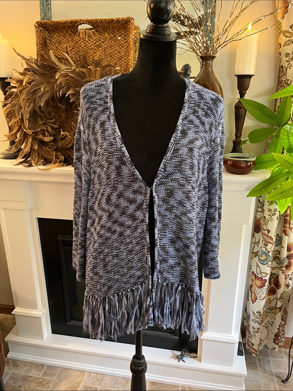 Laura Ashley denim blue, black/gray Fringe Cardigan with hook & eye closure.